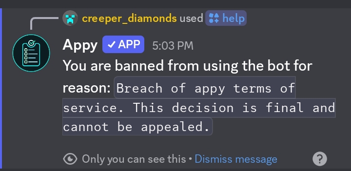 Appy, a verified Discord app, replying to a slash command: &ldquo;You are banned from using the bot for reason: Breach of appy terms of service. This decision is final and cannot be appealed.&rdquo;
